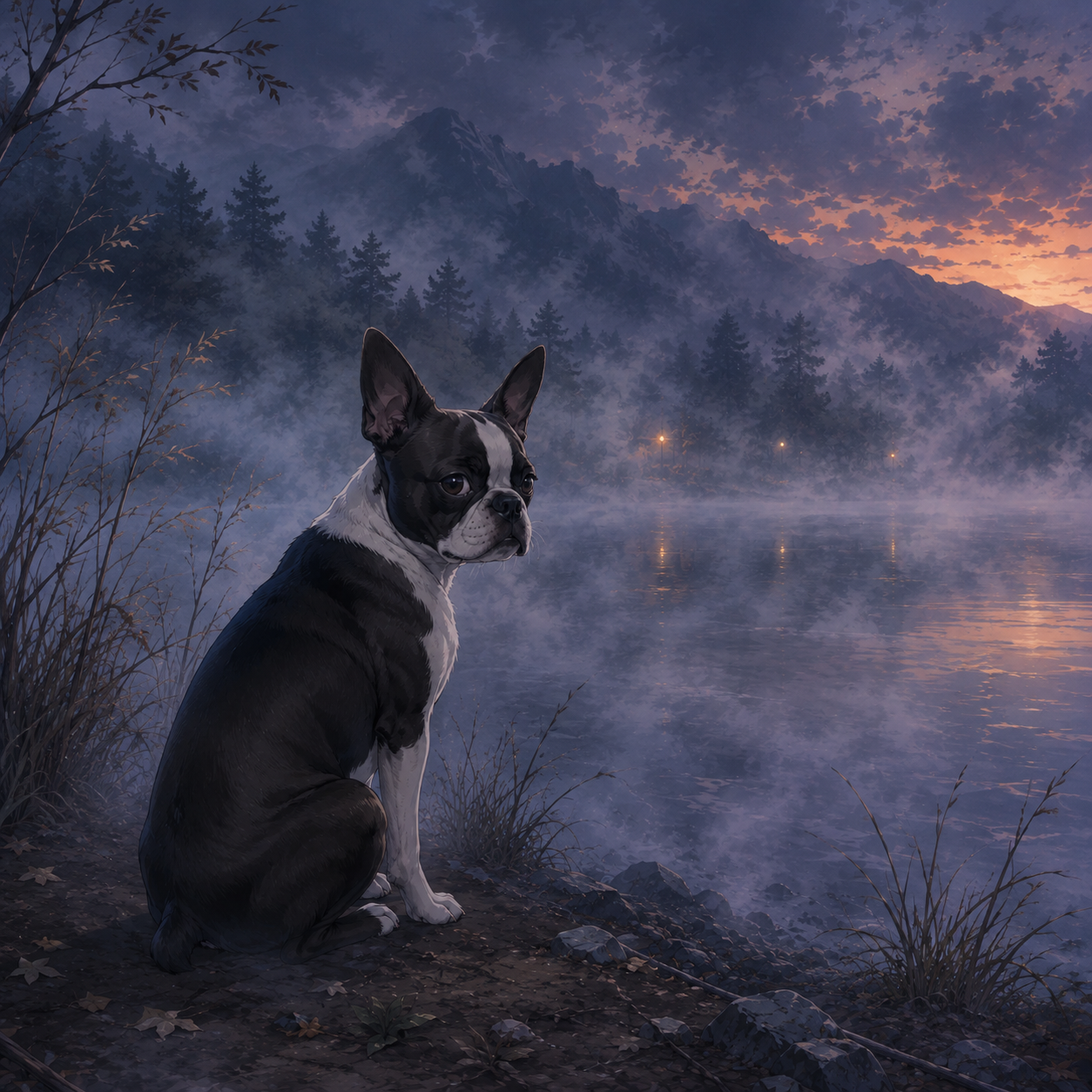 Joe, a Boston Terrier, sitting beside a fog-covered lake